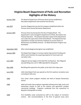 Virginia Beach Department of Parks and Recreation Highlights of the History