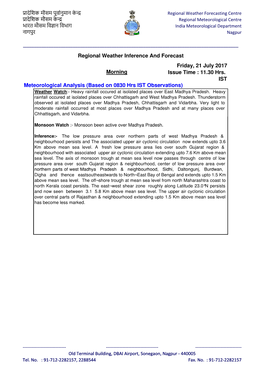 Regional Weather Inference and Forecast Friday, 21 July 2017 Issue