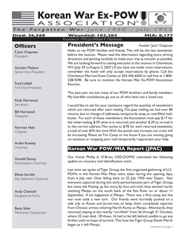 Korean War Ex-POW Association Non-Proﬁt Newsletter - June 2007 Organization US Postage PAID Franklin “Jack” Chapman, President Las Cruces, NM Permit #2086