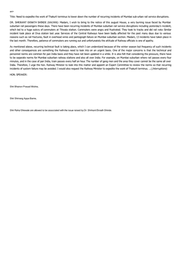 Need to Expedite the Work of Thakurli Terminus to Lower Down the Number of Recurring Incidents of Mumbai Sub-Urban Rail Service Disruptions