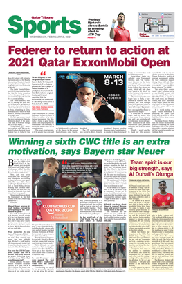 Federer to Return to Action at 2021 Qatar Exxonmobil Open
