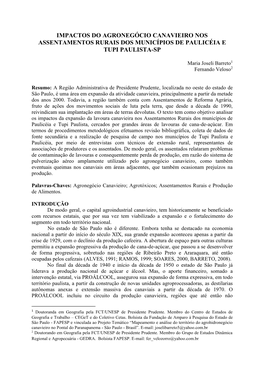 Impactos Do Agronegócio Canavieiro Nos Assentamentos Rurais Dos Municípios De Paulicéia E Tupi Paulista-Sp