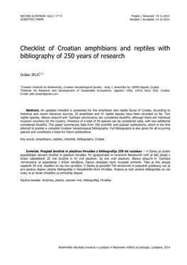 Checklist of Croatian Amphibians and Reptiles with Bibliography of 250 Years of Research