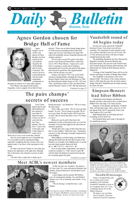 Agnes Gordon Chosen for Bridge Hall of Fame the Pairs Champs' Secrets