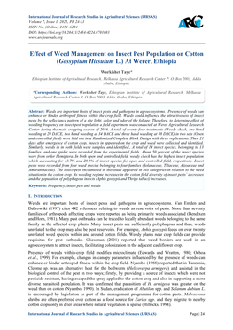 Effect of Weed Management on Insect Pest Population on Cotton (Gossypium Hirsutum L.) at Werer, Ethiopia