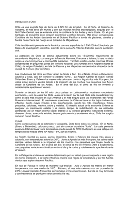 Introducción a Chile Chile Es Una Angosta Faja De Tierra De 4.329 Km De Longitud. En El Norte, El Desierto De Atacama, El