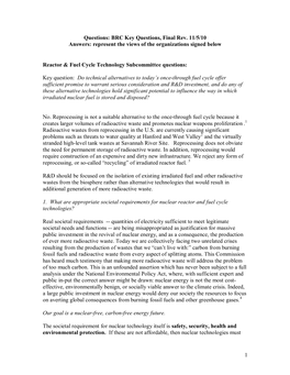 BRC Key Questions, Final Rev. 11/5/10 Answers: Represent the Views of the Organizations Signed Below