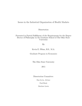 Issues in the Industrial Organization of Health Markets