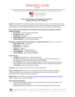 Fencers Club Olympic Day/Olympic Dreams Event Saturday, June 20, 2015, 9AM-Noon