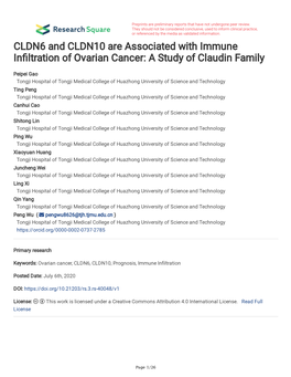 CLDN6 and CLDN10 Are Associated with Immune in Ltration of Ovarian