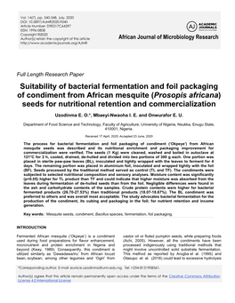 (Prosopis Africana) Seeds for Nutritional Retention and Commercialization