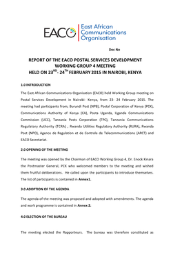 Report of the Eaco Postal Services Development Working Group 4 Meeting Held on 23Rd- 24Th February 2015 in Nairobi, Kenya