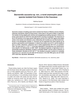 Starmerella Caucasica Sp. Nov., a Novel Anamorphic Yeast Species Isolated from Flowers in the Caucasus