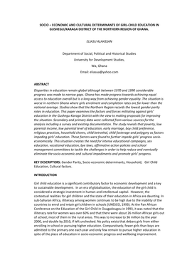 Socio – Economic and Cultural Determinants of Girl-Child Education in Gushegu/Karaga District of the Northern Region of Ghana