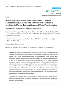 Acid Catalyzed Alcoholysis of Sulfinamides: Unusual Stereochemistry, Kinetics and a Question of Mechanism Involving Sulfurane Intermediates and Their Pseudorotation