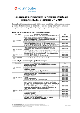 Programul Întreruperilor În Regiunea Muntenia Ianuarie 21, 2019 Ianuarie 27, 2019