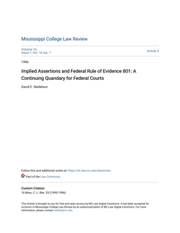 Implied Assertions and Federal Rule of Evidence 801: a Continuing Quandary for Federal Courts