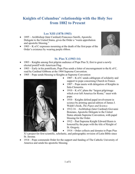 Knights of Columbus' Relationship with the Holy See from 1882 to Present