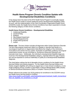 Health Home Program Chronic Condition Update With