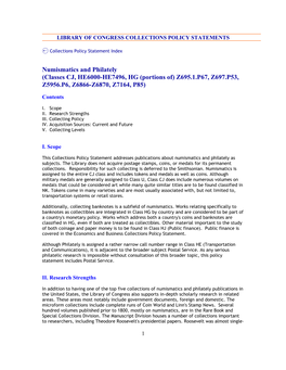 Numismatics and Philately (Classes CJ, HE6000-HE7496, HG (Portions Of) Z695.1.P67, Z697.P53, Z5956.P6, Z6866-Z6870, Z7164, P85)