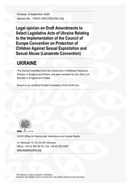 Legal Opinion on Draft Amendments to Select Legislative Acts of Ukraine Relating to the Implementation of the Council of Europe Convention on Protection Of