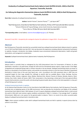 Husbandry of Scalloped Hammerhead Sharks Sphyrna Lewini (Griffith & Smith, 1834) at Reef HQ Aquarium, Townsville, Australia