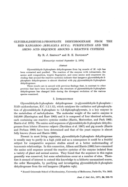 Glyceraldehyde-3-Phosphate Dehydrogenase from the Red Kangaroo (Megaleia Rufa): Purification and the Amino Acid Sequence Around a Reactive Cysteine