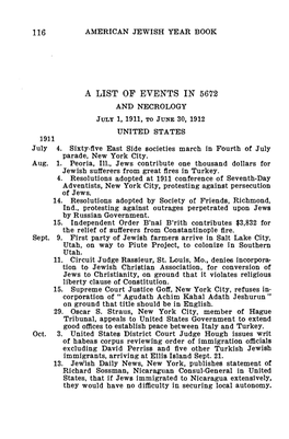 A LIST of EVENTS in 5672 and NECROLOGY JULY 1, 1911, to JUNE 30, 1912 UNITED STATES 1911 July 4