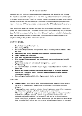 Cough and Cold Fact Sheet Symptoms of a Cold, Cough, Flu, Nasal