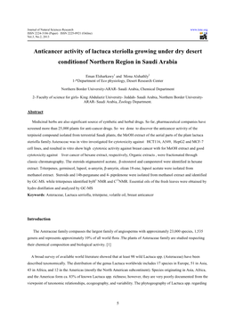 Anticancer Activity of Lactuca Steriolla Growing Under Dry Desert Conditionof Northern Region in Saudi Arabia