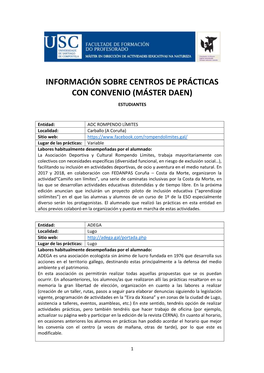 Información Sobre Centros De Prácticas Con Convenio (Máster Daen) Estudiantes