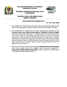 INVITATION for TENDERS (IFT) Date: 30Th July, 2020