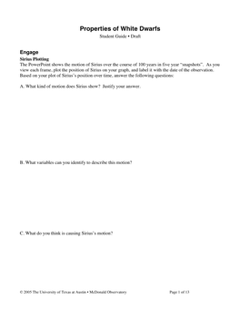 Properties of White Dwarfs Student Guide • Draft