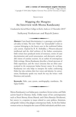 Mapping the Margins: an Interview with Meena Kandasamy Conducted at Sacred Heart College in Kochi, India on 12 November 20151 Sathyaraj Venkatesan and Rajesh James