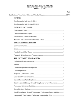 MINUTES of a SPECIAL MEETING the UNIVERSITY of OKLAHOMA AUGUST 11, 2017 Page Ratification of Items Listed Below and Attached He