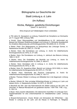 Bibliographie Zur Geschichte Der Stadt Limburg A. D. Lahn (Im Aufbau) Kirche, Religion, Geistliche Einrichtungen