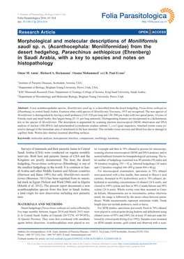 (Acanthocephala: Moniliformidae) from the Desert Hedgehog, Paraechinus Aethiopicus (Ehrenberg) in Saudi Arabia, with a Key to Species and Notes on Histopathology