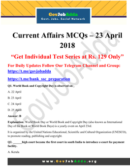 Current Affairs Mcqs – 23 April 2018 “Get Individual Test Series at Rs