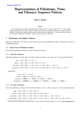 Representations of Palindromic, Prime, and Fibonacci Sequence Patterns