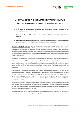 Nota De Prensa L´Horta Nord Y Oest Manifiestan Un Amplio