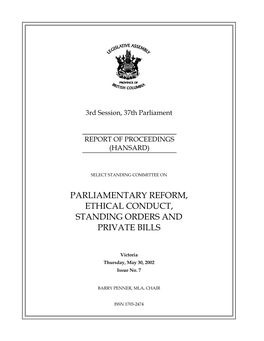 Parliamentary Reform, Ethical Conduct, Standing Orders and Private Bills