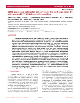 EZH2 Promotes Colorectal Cancer Stem-Like Cell Expansion by Activating P21cip1-Wnt/Β-Catenin Signaling