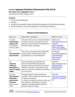 Text Set: Japanese American Internment in the U.S.A. GLE Range: 6–8.9, Adaptable for 9–12 Created by Ann-Marie Hallagan, 2018