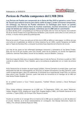 Nota De Prensa Pericos De Puebla Campeones Del LMB 2016