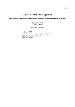 Active Portfolio Management a Quantitative Approach for Providing Superior Returns and Controlling Risk