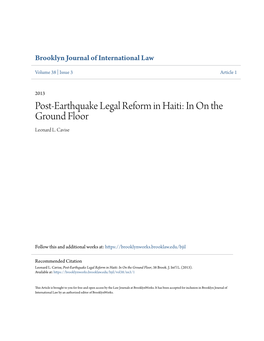 Post-Earthquake Legal Reform in Haiti: in on the Ground Floor Leonard L