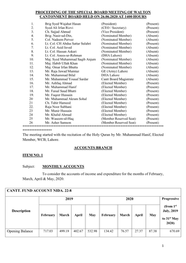 Proceeding of the Special Board Meeting of Walton Cantonment Board Held on 26.06.2020 at 1400 Hours