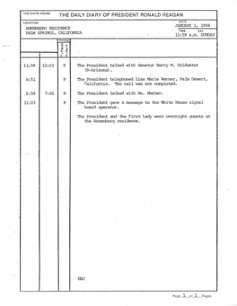 The White House the Daily Diary of President Ronald Reagan