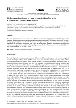 Phylogenetic Classification of Extant Genera of Fishes of the Order Cypriniformes (Teleostei: Ostariophysi)