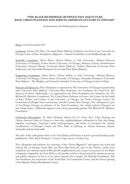 “The Black Metropolis, Between Past and Future: Race, Urban Planning and African-American Culture in Chicago”